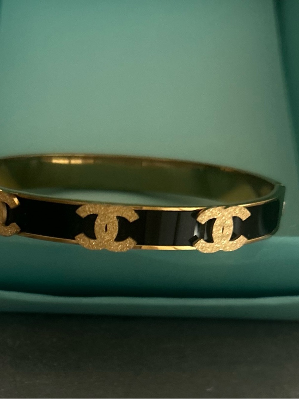 Gold-Tone Logo Accent Black Enamel Bangle Bracelet - Picture 6 of 6